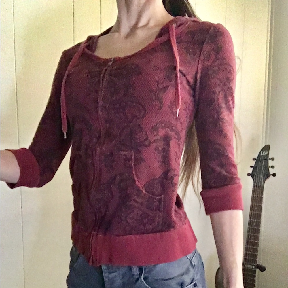 Burgundy Black Lace Print Half Sleeve Jacket